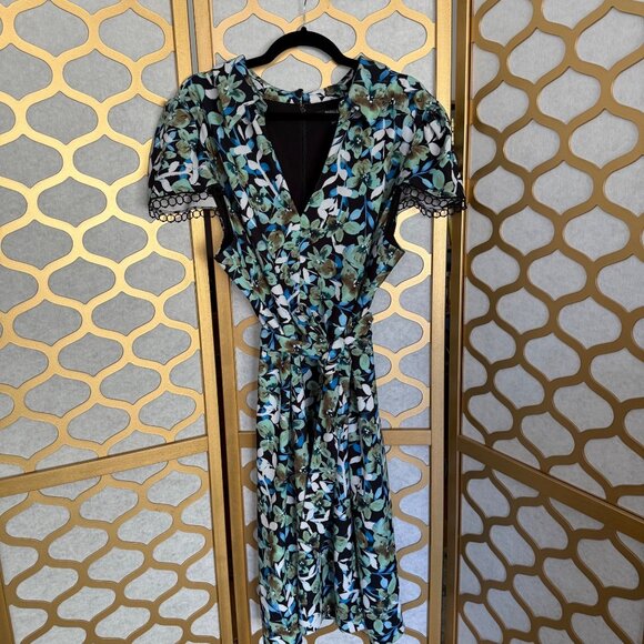 Badgley Mischka Size 22 Blue Green Floral Lace Trim Sleeve Collared Sheath Dress - Picture 4 of 16